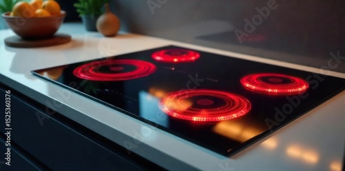 A modern electric stovetop with sleek black glass surface and glowing heating elements, ready for cooking Clean lines and minimalist design showcase its contemporary appeal , radiant, temperature