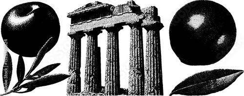 Vintage engraving of ancient ruins with olives and stippling texture for art and design