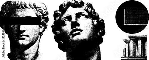 Vintage engraving with stippling and halftone textures featuring classical sculpture elements