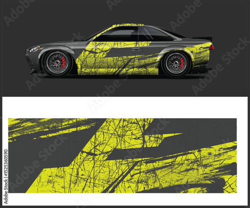 Aggressive Sport Coupe Car Wrap Design with Grunge Texture