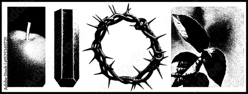Vintage engraving with stippling and halftone textures featuring crown of thorns and abstract elements