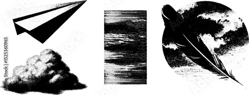Vintage engraving with paper plane, feather, clouds, and stippling texture for artistic design