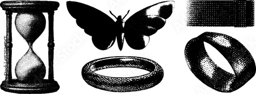Vintage engraving of hourglass, butterfly, patterns, and torus with stippling texture for art and design