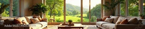 A cozy, sun-drenched living room with large windows overlooking a lush green landscape The perfect image to represent the idyllic home of your dreams , modern, sanctuary