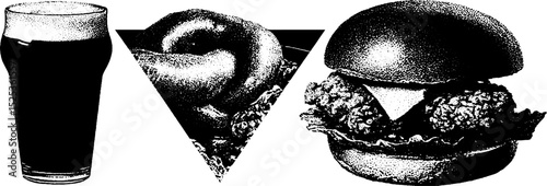 Vintage food and drink illustration with engraving texture for retro design projects