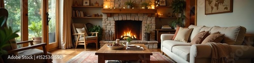 Cozy family living room with warm lighting, plush furniture, and inviting decor Perfect for relaxation and quality time together Features a fireplace and plenty of natural light , windows, domestic