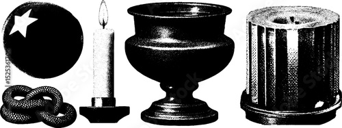 Vintage engraving: candle, urn, coiled snake, star emblem, and column texture
