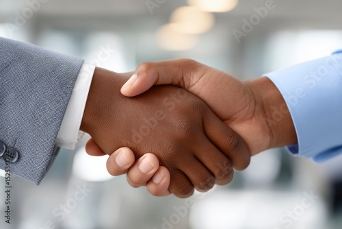 Two darkskinned hands clasp one in a suit and the other in a blue shirt against a bright blurred background