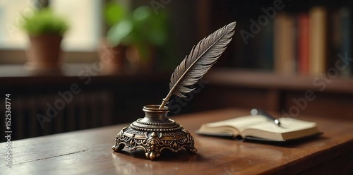 Elegant antique feather inkstand, meticulously crafted with ornate details Perfect for vintage, writing, stationery, or office d?cor Features a charming, rustic aesthetic , ornate, detail