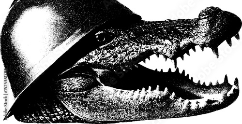 Alligator with helmet in vintage engraving style with stippling and halftone texture