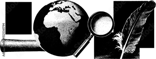 Vintage engraving with stippling technique featuring globe, magnifying glass, and feather quill