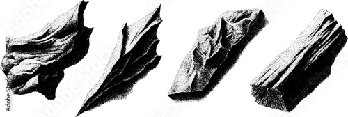 Vintage engraving with stippling and halftone texture featuring abstract rock forms