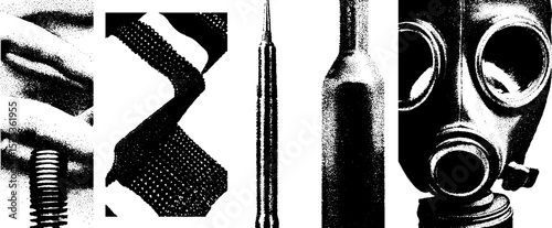 Vintage engraving with stippling and halftone texture featuring gas mask and industrial tools