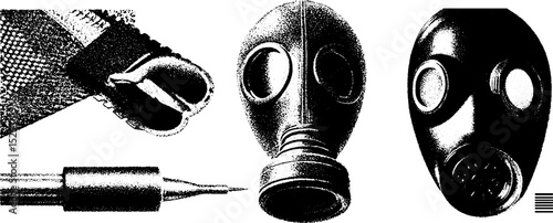 Vintage engraved stippling art featuring pen, gas mask, and halftone texture for design projects