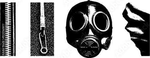 Vintage engraving with stippling and halftone texture featuring gas mask and zipper elements