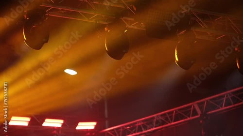Colorful Abstract Lights And Ceiling Spotlights Illuminate The Concert Stage And Rays At A Rock Music Festival