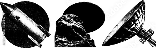 Retro space exploration: vintage engraving style rocket, asteroid, and satellite design