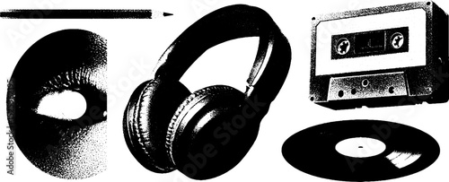 Retro audio experience with headphones, cassette, vinyl record, and pencil illustration