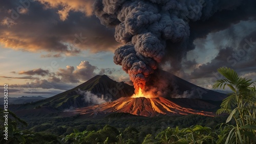 Ultra-realistic image of an active volcano erupting in the midst of a tropical rainforest, with lava flowing down the sides of the mountain and lighting up the dense jungle below. The eruption is dram