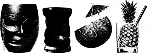 Tropical tiki elements with vintage engraving and stippling textures for artistic design use