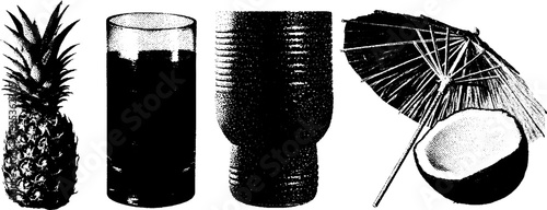 Tropical drinks and fruits: vintage engraving with pineapple coconut and refreshing glasses