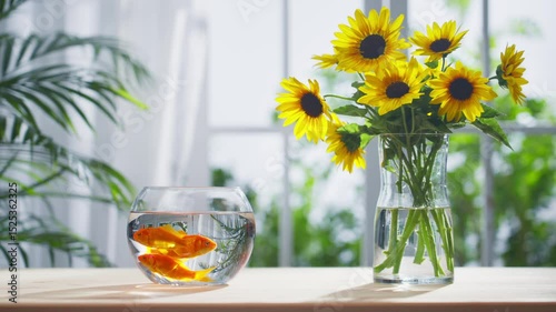 Cheerful Indoor Display with Goldfish and Flowers