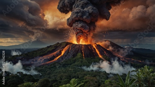 Ultra-realistic image of an active volcano erupting in the midst of a tropical rainforest, with lava flowing down the sides of the mountain and lighting up the dense jungle below. The eruption is dram