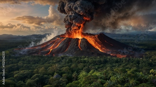 Ultra-realistic image of an active volcano erupting in the midst of a tropical rainforest, with lava flowing down the sides of the mountain and lighting up the dense jungle below. The eruption is dram
