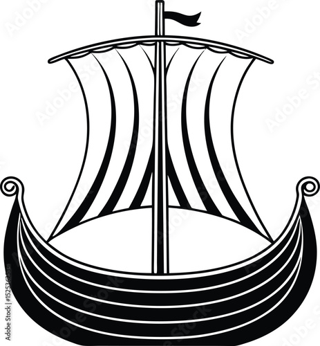  Viking ship silhouette, ancient boat icon, Norse vessel vector, historic sailing graphic, line art design
