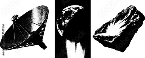 Vintage engraving of satellite, globe, and rock with stippling and halftone texture