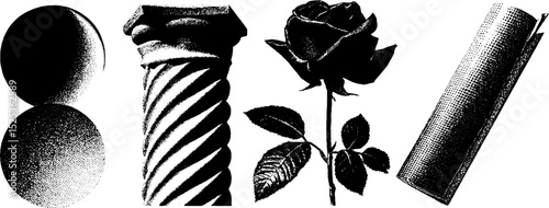 Vintage engraving with stippling halftone texture featuring column and rose design
