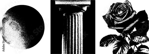 Vintage engraving of planet, architectural column, and rose in stippling and halftone texture