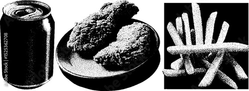 Vintage fast food art with stippling texture featuring fries, chicken, and beverage