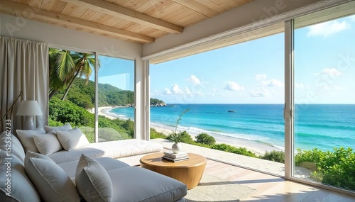 Sun-drenched beachfront home with expansive windows, overlooking a tranquil ocean Perfect for summer getaways and relaxation Enjoy the idyllic scenery and peaceful atmosphere , escape, ocean photo