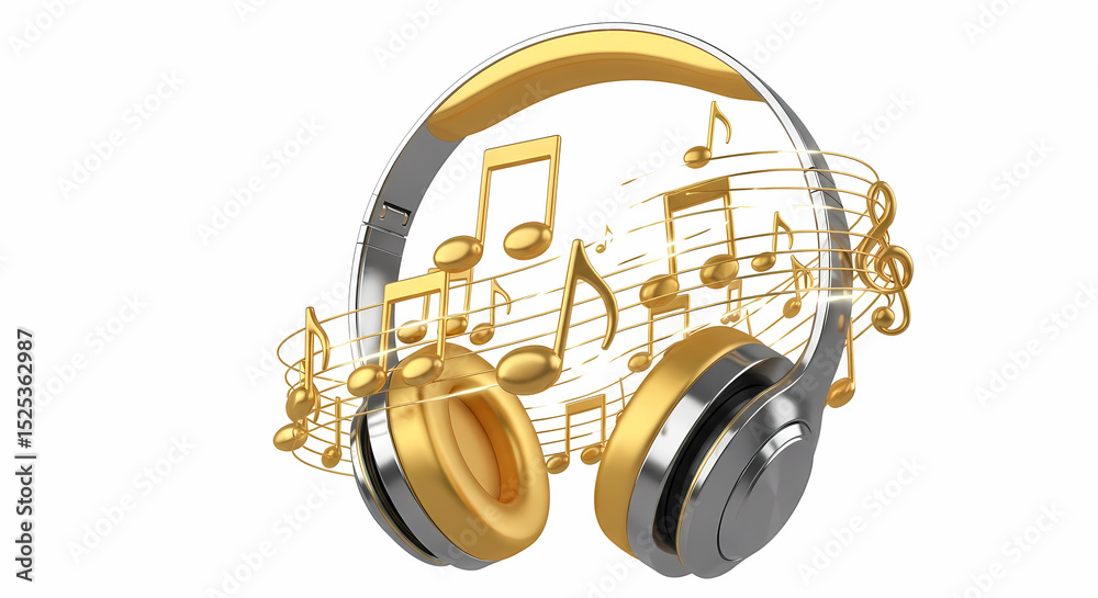 Fototapeta premium Golden Headphones & Musical Notes: Premium Audio Experience