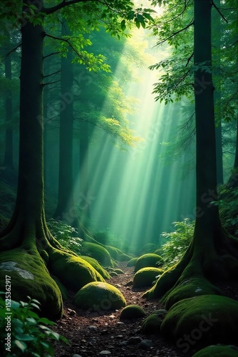 Dark, lush evergreen forest scene, sunbeams filtering through dense canopy, creating mystical atmosphere Ancient trees, mossy rocks, dappled shadows, deep woods, wild nature , flora, background