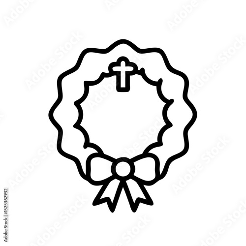 Funeral wreath with cross and bow in simple line art design  