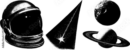 Vintage space exploration art with astronaut helmet, celestial bodies, and planets