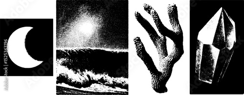 Vintage engraving with crescent moon, ocean wave, coral, and crystal art design