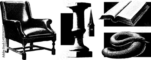 Vintage engraving with stippling texture featuring chair, column, book, and snake for artistic design