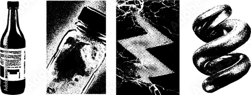 Vintage engraving with stippling and halftone textures featuring wine bottle, spice jar, lightning bolt, spiral shape
