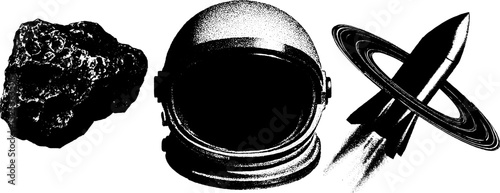 Vintage space exploration theme with astronaut helmet and rocket in stipple halftone texture