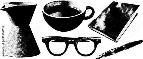 Vintage engraving of everyday objects with stippling and halftone texture