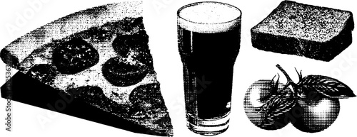 Retro food composition with pizza, beer, bread, and tomatoes in vintage engraving style