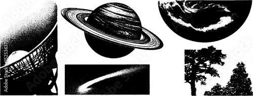 Vintage engraving with stippling and halftone texture featuring saturn and celestial bodies