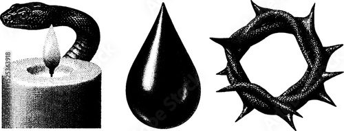 Vintage engraving of candle with serpent, teardrop, and crown of thorns in stippling and halftone texture
