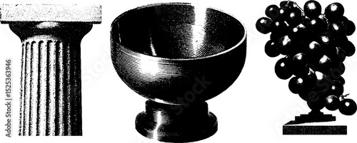 Vintage engraving of classical column, retro bowl, and grapevine sculpture with stipple texture