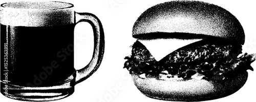 Vintage engraving of classic burger and beer mug with stippling and halftone texture