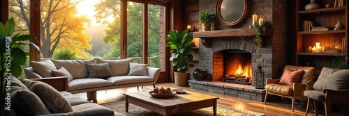 Cozy living room with fireplace, hardwood floors, and large windows offering abundant natural light Perfect for family gatherings or quiet evenings at home , house, abode, spacious