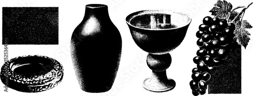 Vintage engraving with stippling texture featuring vase, chalice, grapes, and spiral element